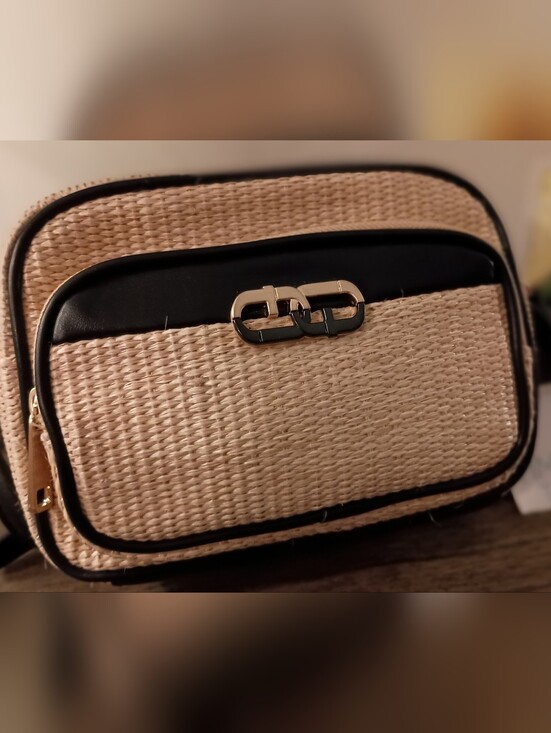 Time and Tru Handbags - Time and Tru Beige Woven Crossbody with Black Trim and Gold Accent